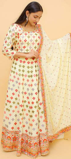 Beige and Brown color Ready to Wear Lehenga in Chiffon fabric with Foil Print, Thread work