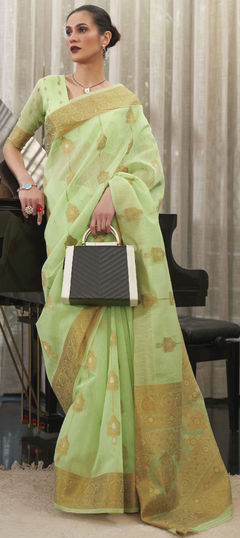 Green color Saree in Linen fabric with Weaving work