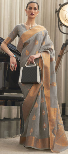 Black and Grey color Saree in Linen fabric with Weaving work