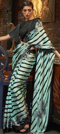 Green color Saree in Crepe Silk, Silk fabric with Printed work