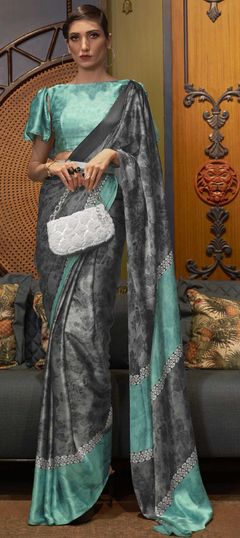 Black and Grey color Saree in Crepe Silk, Silk fabric with Printed work