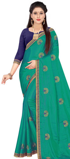 Green color Saree in Art Silk, Silk fabric with Lace work