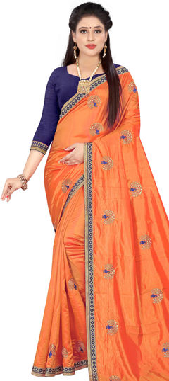 Orange color Saree in Art Silk, Silk fabric with Lace work