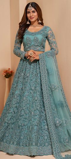 Bridal, Wedding Blue color Lehenga in Net fabric with A Line Embroidered, Resham, Stone, Thread work : 1792117