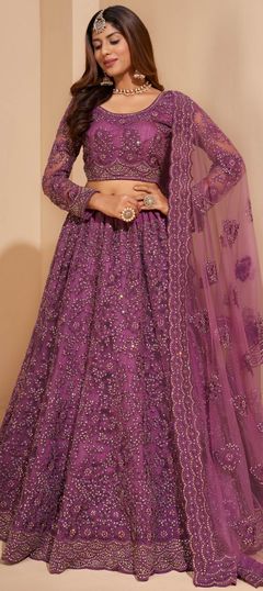 Bridal, Wedding Purple and Violet color Lehenga in Net fabric with A Line Embroidered, Resham, Stone, Thread work : 1792119