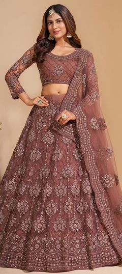 Beige and Brown color Lehenga in Net fabric with Embroidered, Resham, Stone, Thread work