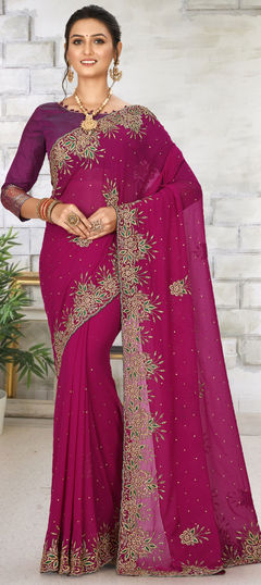 Pink and Majenta color Saree in Georgette fabric with Cut Dana, Resham, Stone, Thread work