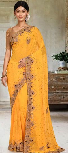 Yellow color Saree in Georgette fabric with Cut Dana, Resham, Stone, Thread work