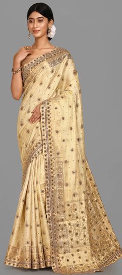 Beige and Brown color Saree in Kanchipuram Silk, Silk fabric with Cut Dana, Embroidered, Stone, Thread, Weaving work