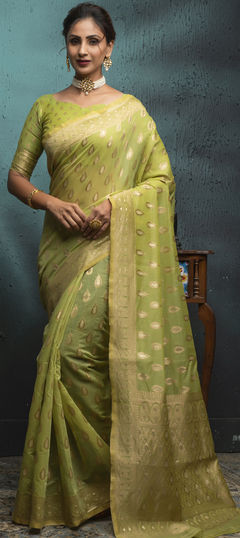 Traditional Green color Saree in Cotton fabric with Bengali Weaving work : 1792187