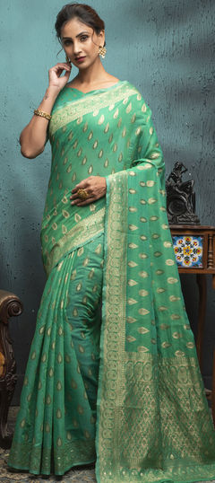 Traditional Green color Saree in Cotton fabric with Bengali Weaving work : 1792189