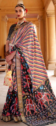 Black and Grey color Saree in Patola Silk, Silk fabric with Weaving work