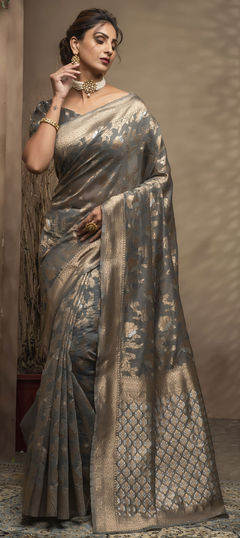 Black and Grey color Saree in Cotton fabric with Weaving work