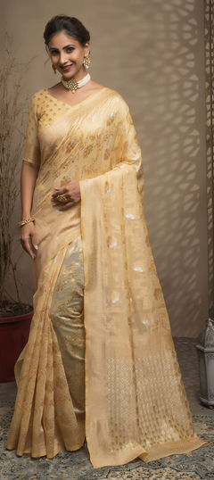 Beige and Brown color Saree in Cotton fabric with Weaving work