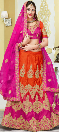 Orange color Lehenga in Art Silk, Silk fabric with Embroidered, Stone, Thread, Zari work