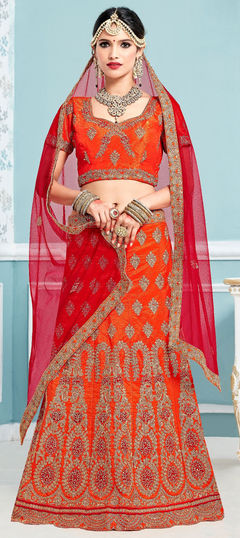 Orange color Lehenga in Art Silk fabric with Embroidered, Thread, Zari work