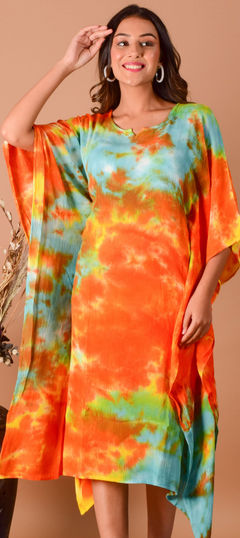 Green, Orange color Kaftan in Rayon fabric with Printed, Tye n Dye work : 1792752