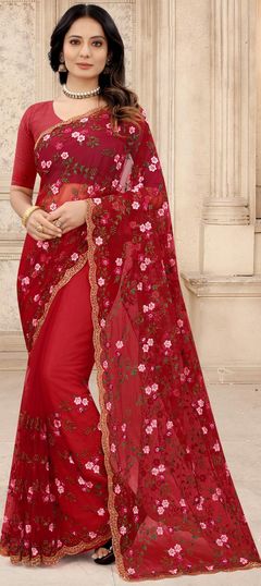 Red and Maroon color Saree in Net fabric with Embroidered, Resham, Thread, Zari, Zircon work