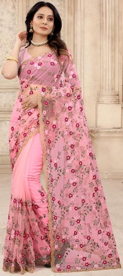 Pink and Majenta color Saree in Net fabric with Embroidered, Resham, Thread, Zari, Zircon work