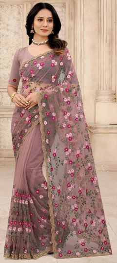 Purple and Violet color Saree in Net fabric with Embroidered, Resham, Thread, Zari, Zircon work