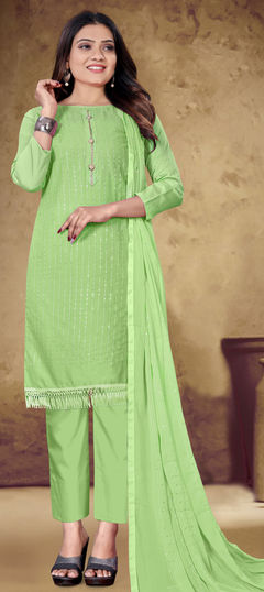 Casual Green color Salwar Kameez in Cotton fabric with Straight Sequence, Thread work : 1792947