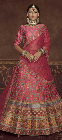 Bridal, Mehendi Sangeet, Wedding Pink and Majenta color Lehenga in Art Silk fabric with A Line Embroidered, Printed, Stone work : 1793013