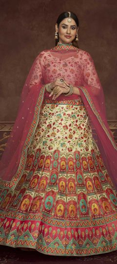 Bridal, Mehendi Sangeet, Wedding Beige and Brown color Lehenga in Art Silk fabric with A Line Embroidered, Printed work : 1793015