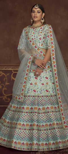 Bridal, Mehendi Sangeet, Wedding Blue color Lehenga in Art Silk fabric with A Line Embroidered, Printed, Stone work : 1793019