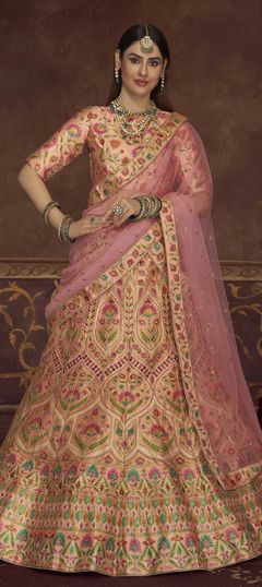 Bridal, Mehendi Sangeet, Wedding Pink and Majenta color Lehenga in Art Silk fabric with A Line Embroidered, Printed, Stone work : 1793021