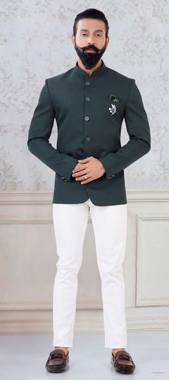 Green color Jodhpuri Suit in Imported fabric with Broches work