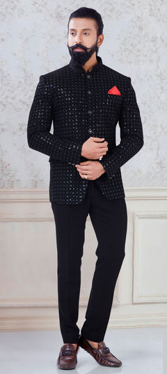 Black and Grey color Jodhpuri Suit in Velvet fabric with Sequence work