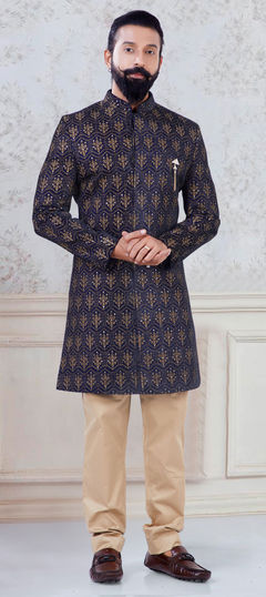 Blue color IndoWestern Dress in Velvet fabric with Sequence, Thread work