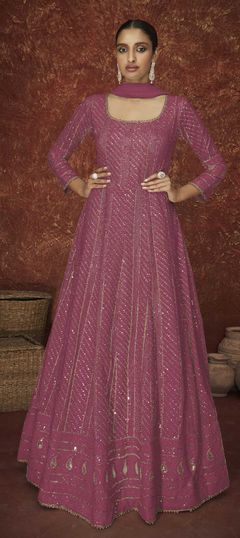 Pink and Majenta color Salwar Kameez in Georgette fabric with Embroidered, Sequence, Thread work