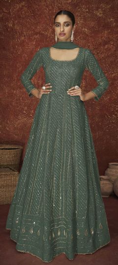 Green color Salwar Kameez in Georgette fabric with Embroidered, Sequence, Thread work