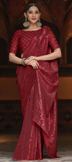 Red and Maroon color Saree in Georgette fabric with Sequence, Thread work