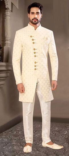 Beige and Brown color IndoWestern Dress in Silk fabric with Embroidered work