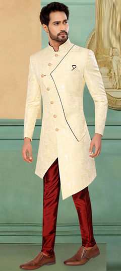 Yellow color IndoWestern Dress in Jacquard fabric with Weaving work