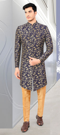 Blue color IndoWestern Dress in Jacquard fabric with Thread, Zari work