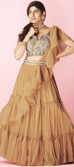 Beige and Brown color Lehenga in Chiffon fabric with Embroidered, Mirror, Resham, Sequence, Thread work