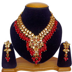 Gold Rodium Polish Red and Maroon color Necklace in Metal Alloy studded with Kundan