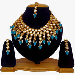 Gold Rodium Polish Blue color Necklace in Metal Alloy studded with Kundan