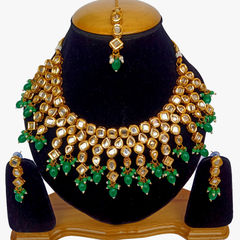 Gold Rodium Polish Green color Necklace in Metal Alloy studded with Kundan