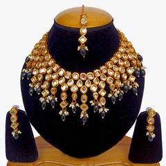 Gold Rodium Polish Blue, White and Off White color Necklace in Metal Alloy studded with Kundan