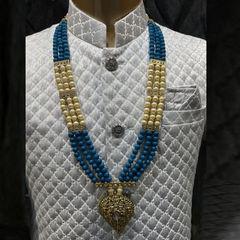 Gold Rodium Polish Blue, Gold color Groom Necklace in Metal Alloy studded with CZ Diamond, Pearl