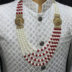 Gold Rodium Polish Red and Maroon, White and Off White color Groom Necklace in Metal Alloy studded with CZ Diamond, Pearl