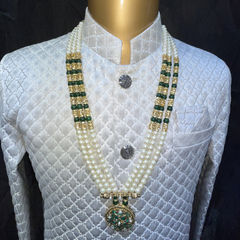 Gold Rodium Polish Green, White and Off White color Groom Necklace in Metal Alloy studded with CZ Diamond, Pearl