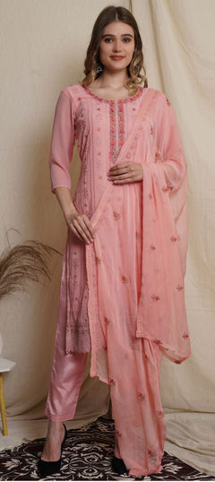 Pink and Majenta color Salwar Kameez in Georgette fabric with Embroidered, Sequence, Thread work