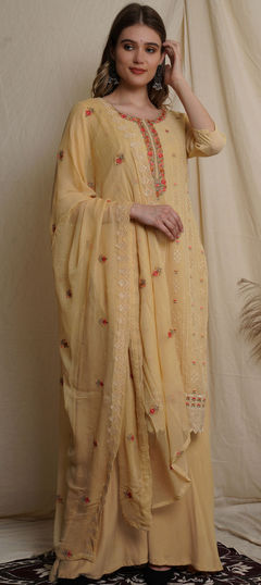 Yellow color Salwar Kameez in Georgette fabric with Embroidered, Sequence, Thread work