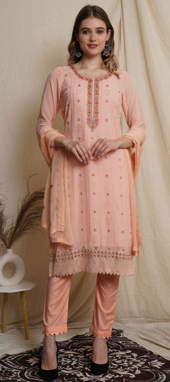 Pink and Majenta color Salwar Kameez in Georgette fabric with Embroidered, Sequence, Thread work