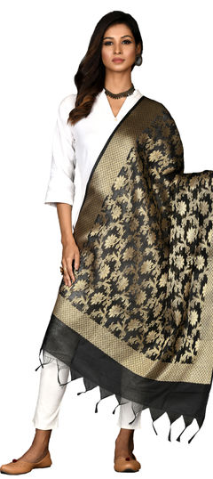 Casual Black and Grey color Dupatta in Chanderi Silk fabric with Weaving, Zari work : 1795207